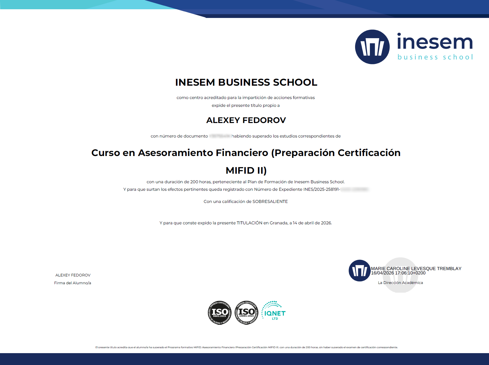 Certificación Asesoramiento Financiero (MiFID II)